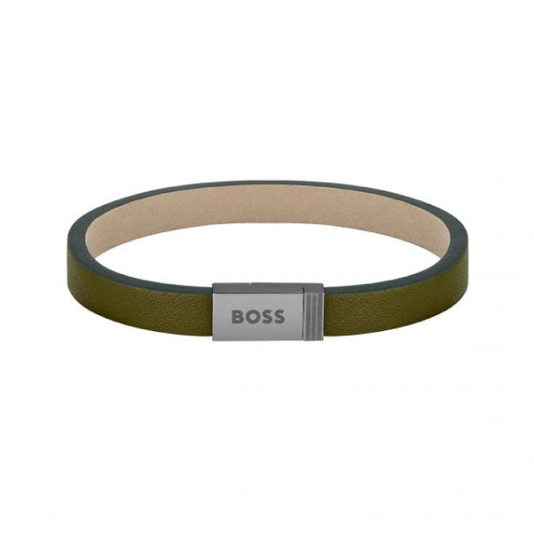Hugo Boss Mens Jace Olive Green Leather Bracelet