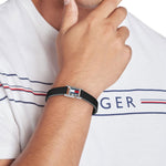 Tommy Hilfiger Mens Black Leather Logo Clasp Bracelet