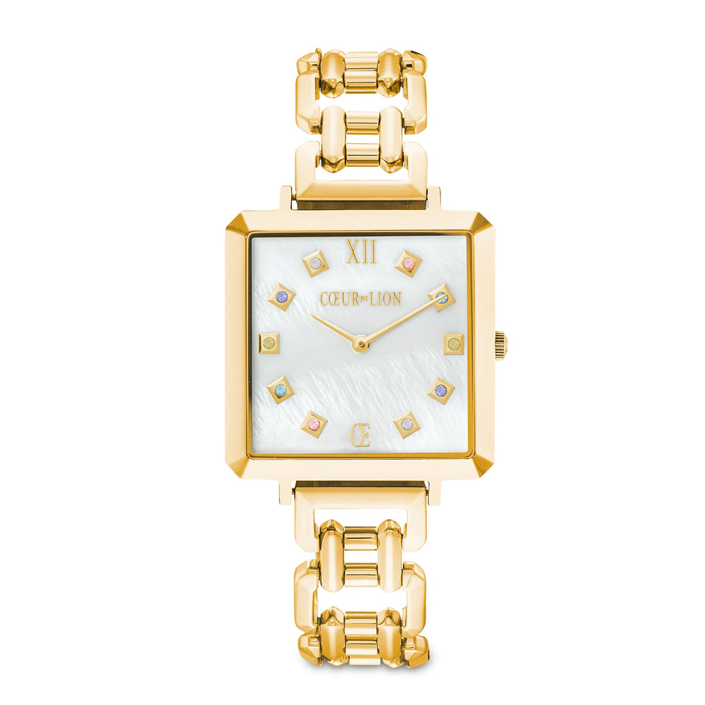 Coeur De Lion White Mother of Pearl & Gold Tone Iconic Cube Watch