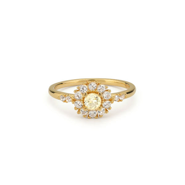 Sisterhood Stephanie Gold Ring with Yellow Centre and Clear Halo Size 54
