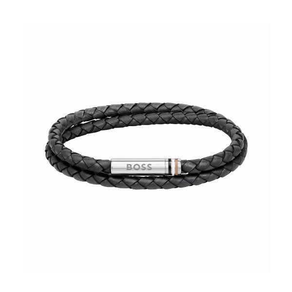 Ares Black Braided Leather Mens Bracelet
