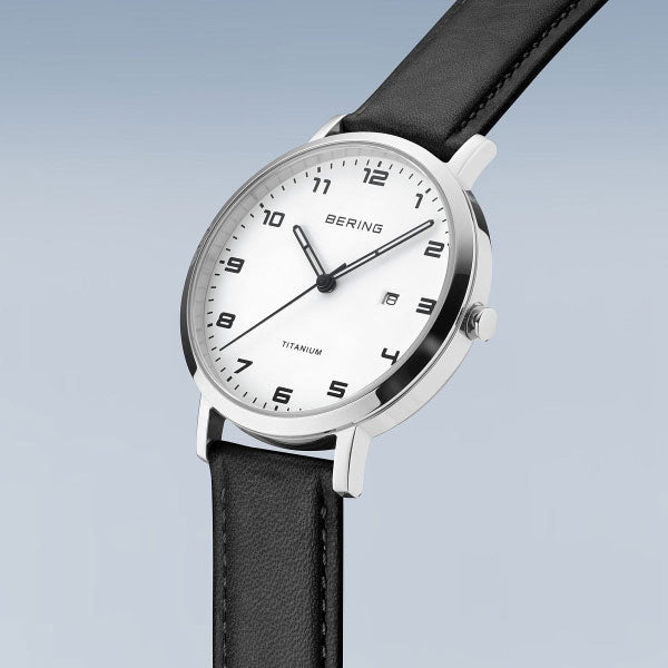 Bering Ladies Watch with Titanium Case and Black Leather Strap