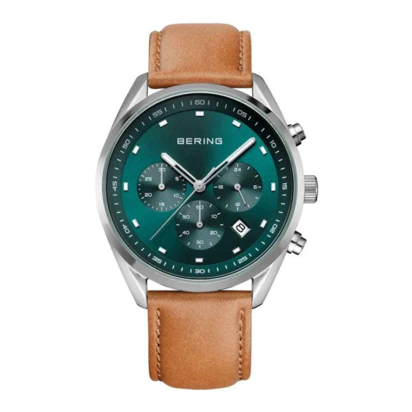 Mens Brown Leather Strap Watch with Green Dial
