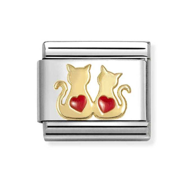 18k Gold with Enamel Double Cats with Red Hearts Link