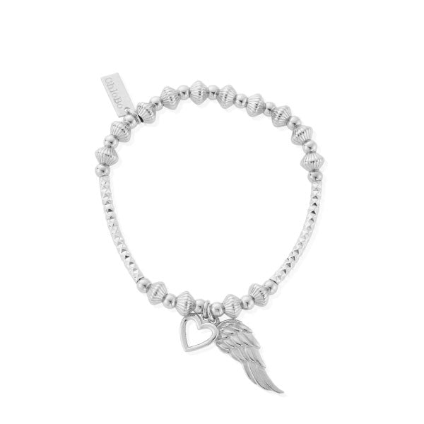 Silver Pattern Noodle Disc Heart and Angel Wing Bracelet