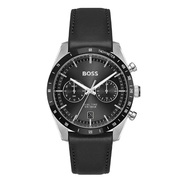 Tourmaster Black Leather Strap with Black Dial Mens Watch