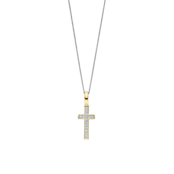 Gold Cross Pendant with Cubic Zirconia on Silver Chain