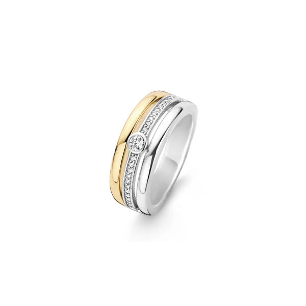 Silver & Gold Triple Ring with Central Cubic Zirconia Stone