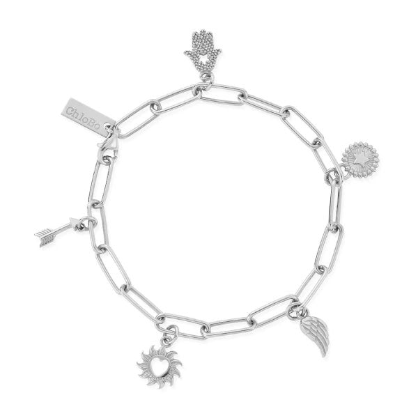 Chlobo Soul Compass Multi Charm Link Chain Bracelet Silver