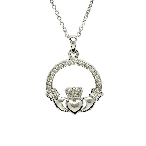 Silver Claddagh Necklace with Cubic Zirconia