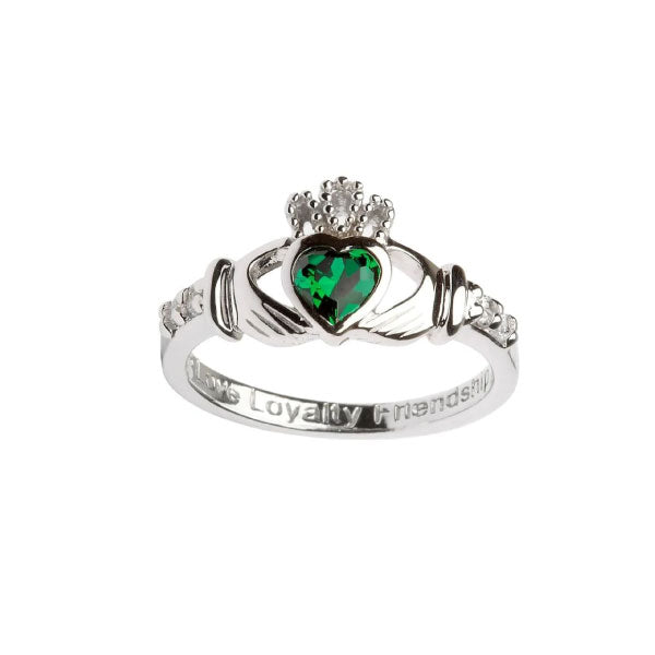 Silver Claddagh Ring with Green Cubic Zirconia