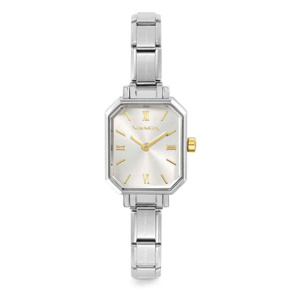 Paris Rectangular Silver Watch with Silver Face and Gold Detail