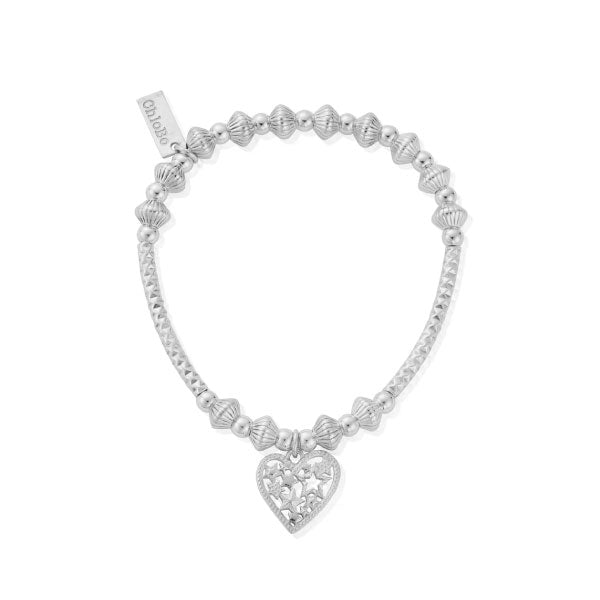 Silver Pattern Noodle Disc Starry Heart Bracelet