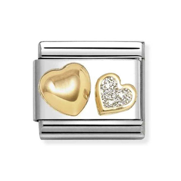 18k Gold with Glitter Enamel Rounded Double Hearts Link