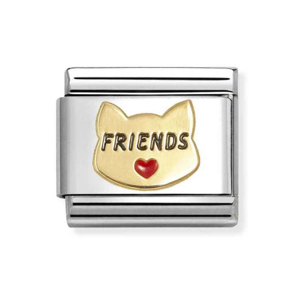 18k Gold with Enamel Cat Friends with Red Heart Link