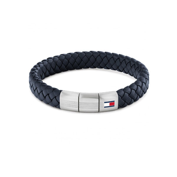 Round Braided Navy Blue Leather Mens Bracelet