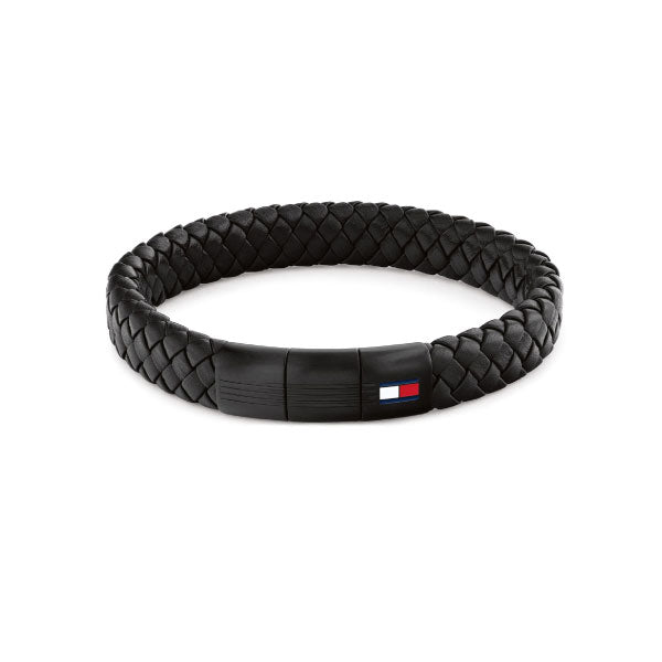 Round Braided Black Leather Mens Bracelet