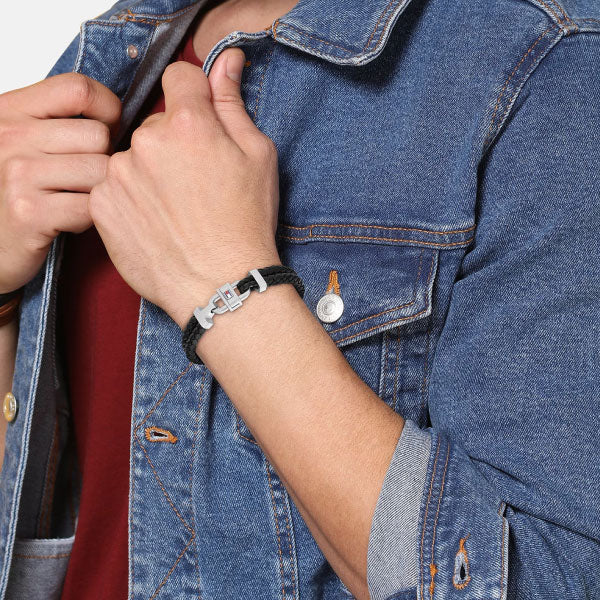 Carabiner Black Leather Two-Row Mens Bracelet