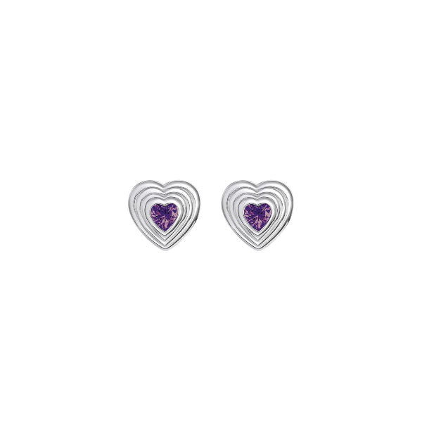 Silver Ridged Heart Purple Cubic Zirconia Stud Earrings