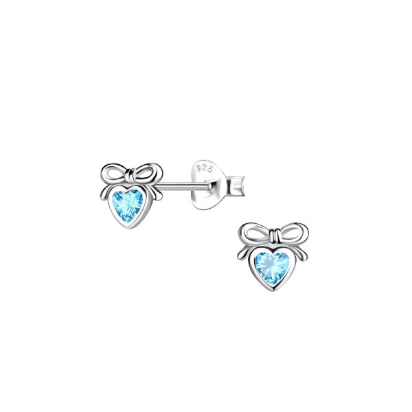 Blue Cubic Zirconia Dainty Heart Bow Silver Stud Earrings