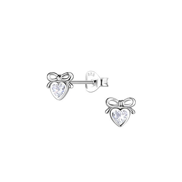 Clear Cubic Zirconia Dainty Heart Bow Silver Stud Earrings
