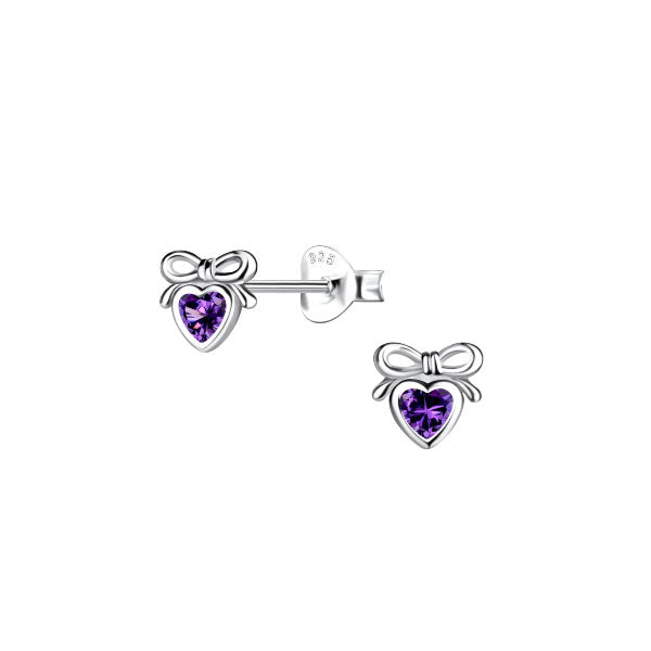 Purple Cubic Zirconia Dainty Heart Bow Silver Stud Earrings