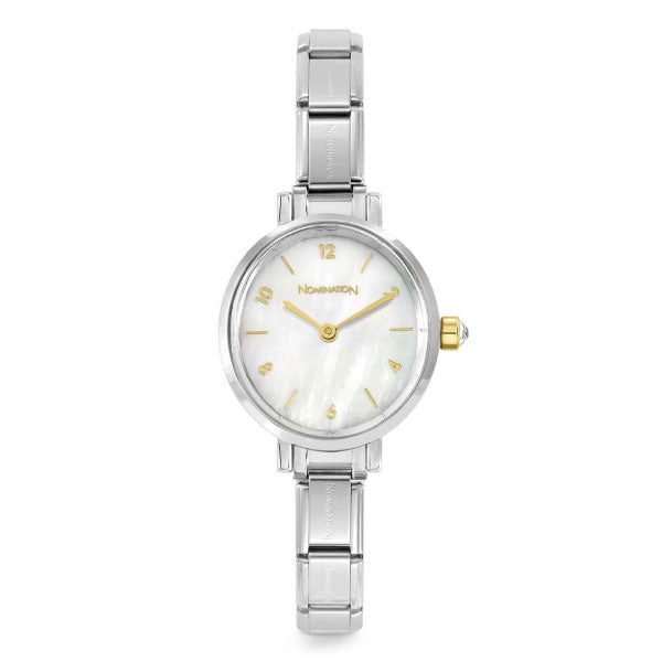 Paris Oval Silver Watch with White Mother of Pearl Face