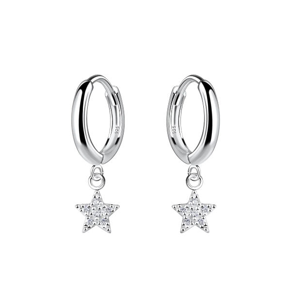 Silver Cubic Zirconia Star Charm Hoop Earrings