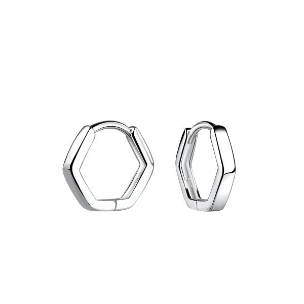 Silver Hexagon Hinged Huggie Hoop Earrings