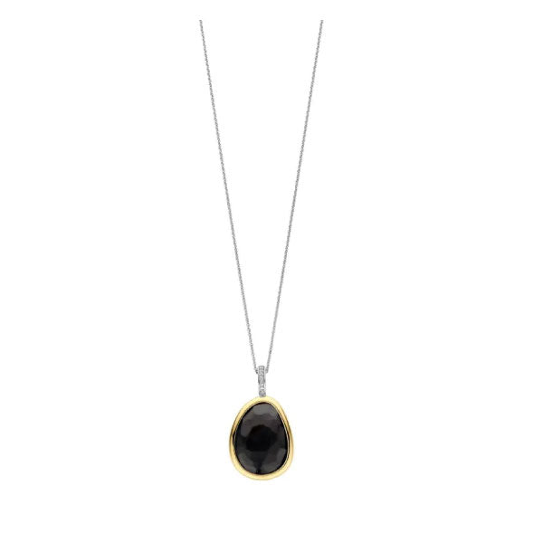 Gold Pendant with Black Pebble on Silver Chain