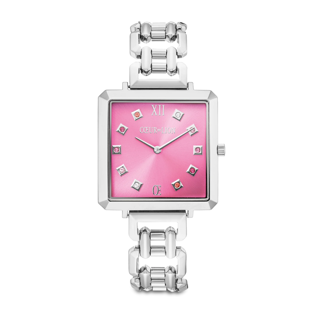 Viva Magenta Cube Statement Silver Watch