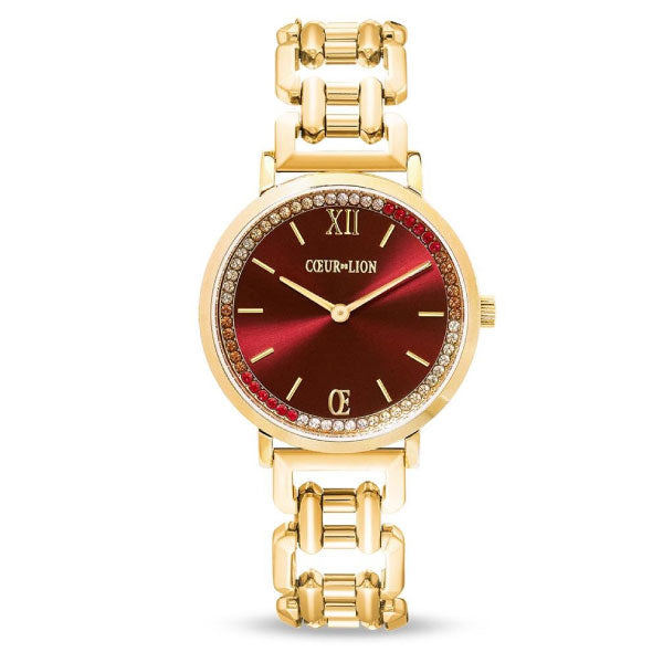 Round Sparkling Festive Red Statement Gold Watch