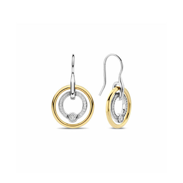 Two Tone Circle CZ Drop Earrings