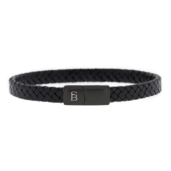 Steel & Barnett Riley Leather Mens Bracelet in Black with Black PVD Size Small