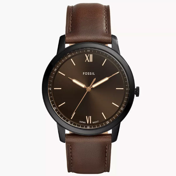 Minimalist Three-Hand Brown Leather Watch with Black Dial