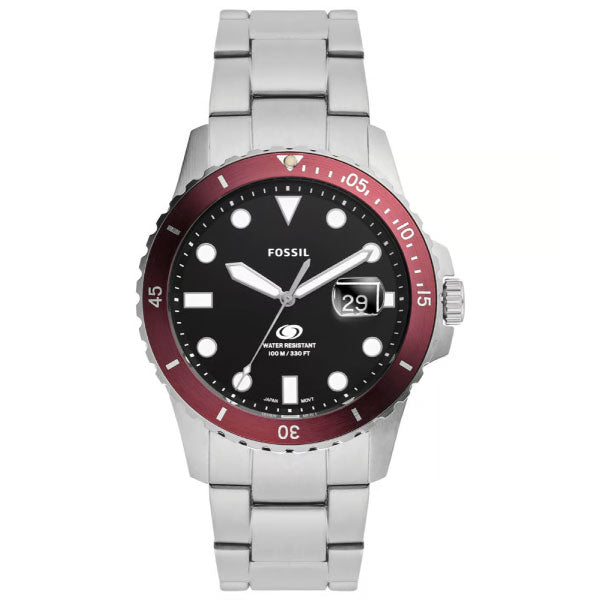 Black/Burgundy Three-Hand Date Stainless Steel Mens Watch
