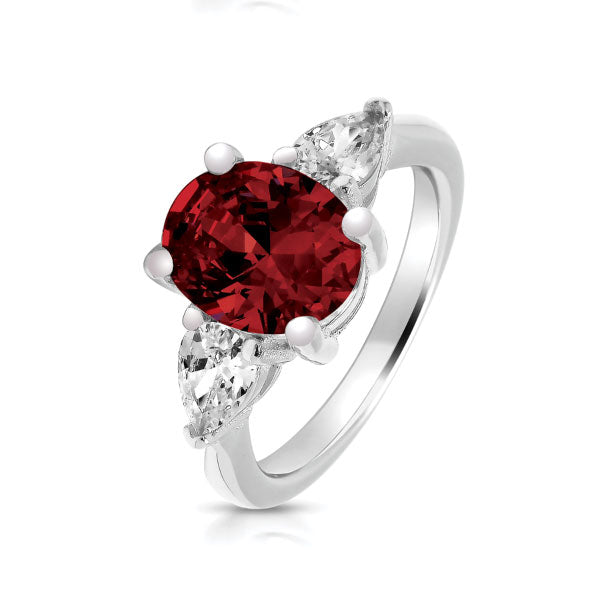 Silver Claw Set 3 Stone Ruby Coloured CZ Oval & Pear Ring