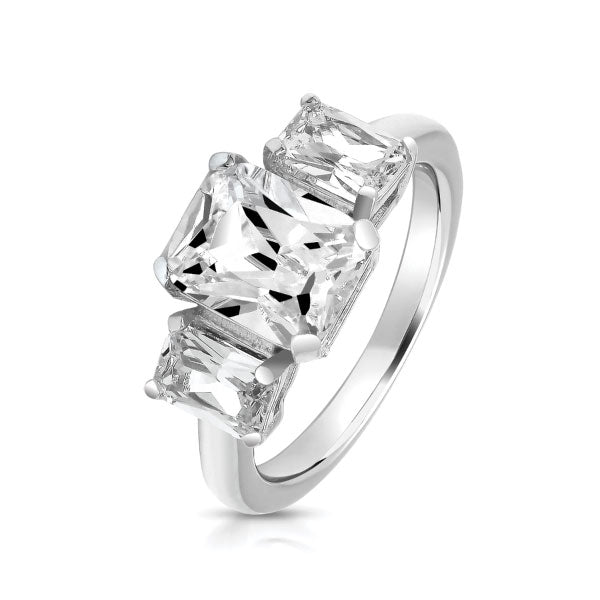 Silver Claw Set 3 Stone Emerald Cut CZ Ring