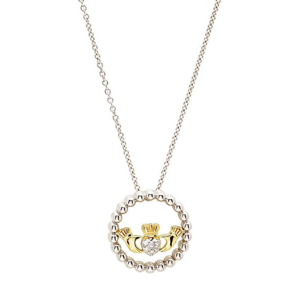 Two Tone Silver Claddagh Necklace with Gold Hands