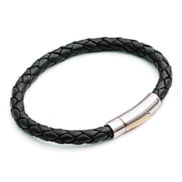 Black 6mm Plait Mens Bracelet with Gold Lever