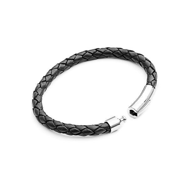 Black 6mm Plait Mens Bracelet with Stainless Steel Lever