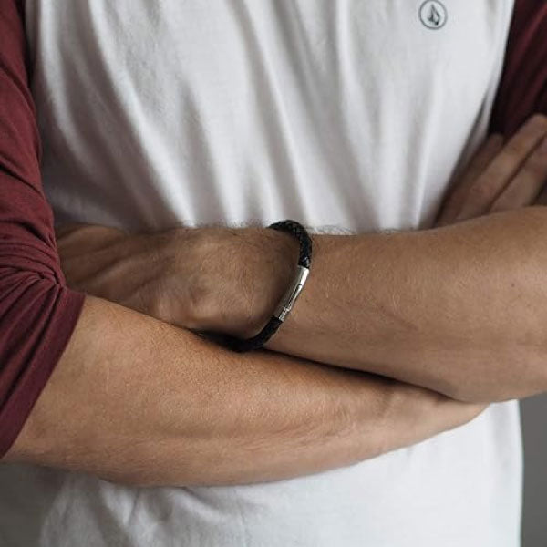 Black 6mm Plait Mens Bracelet with Stainless Steel Lever