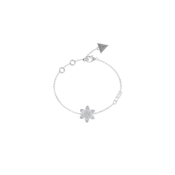 Guess White Lotus Silver Tone And Crystal Flower Bracelet