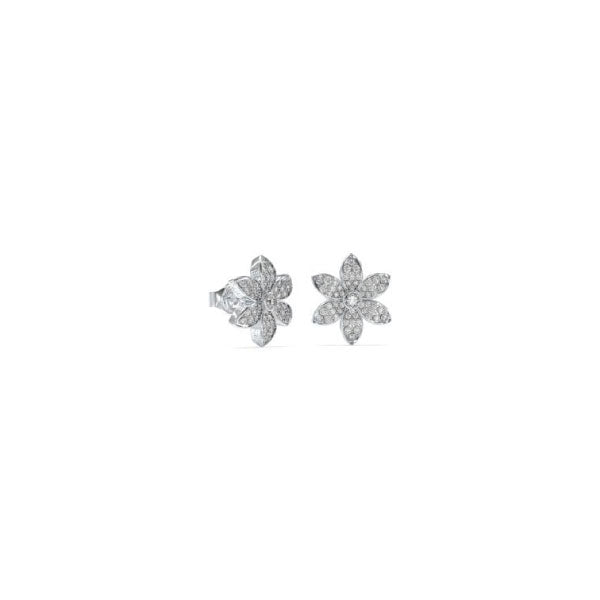 Guess White Lotus Silver Tone And Crystal Stud Earrings