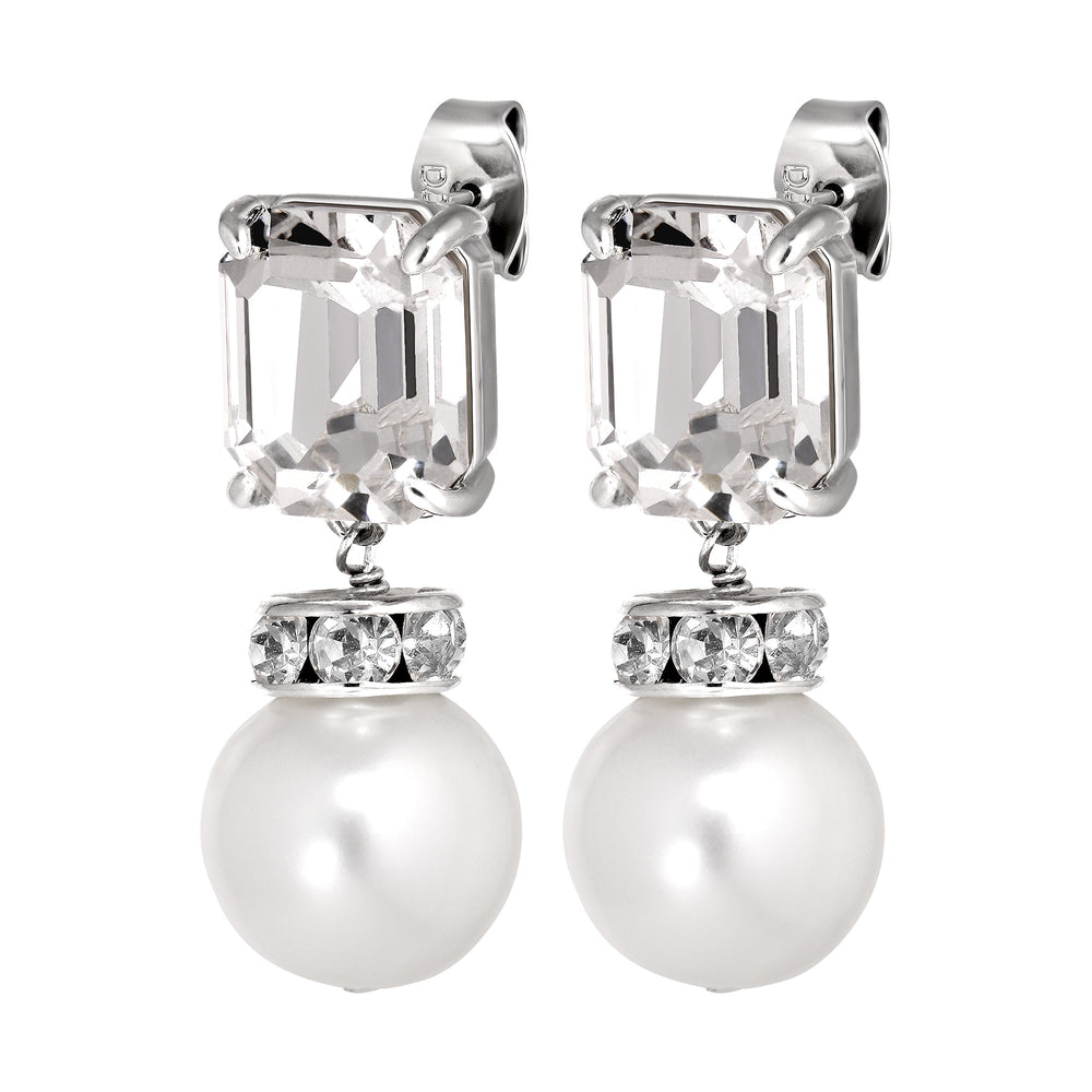 Wali Silver Earrings with Clear Crystal Stones and White Pearl