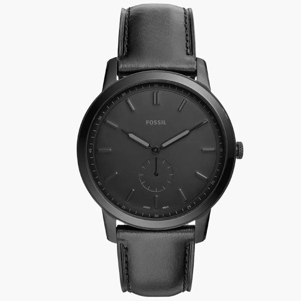 Minimalist Two-Hand Black Leather Watch with Black Dial