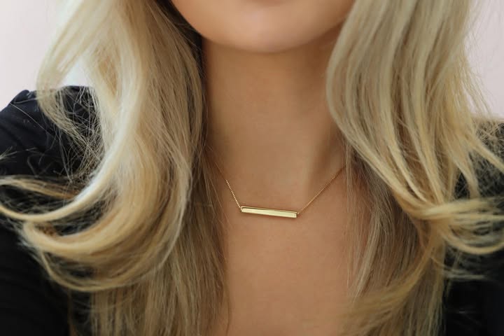 Yellow Gold Plated on Silver Engravable 4 Sided Horizon Bar Necklace