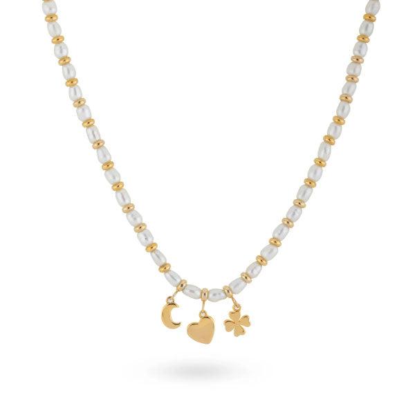 24Kae Moon, Clover & Heart Pearl Necklace Gold