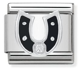 Composable CL SYMBOLS stainless steel, enamel, 1 Cub. Zirc and 925 sterling silver BLACK horseshoe