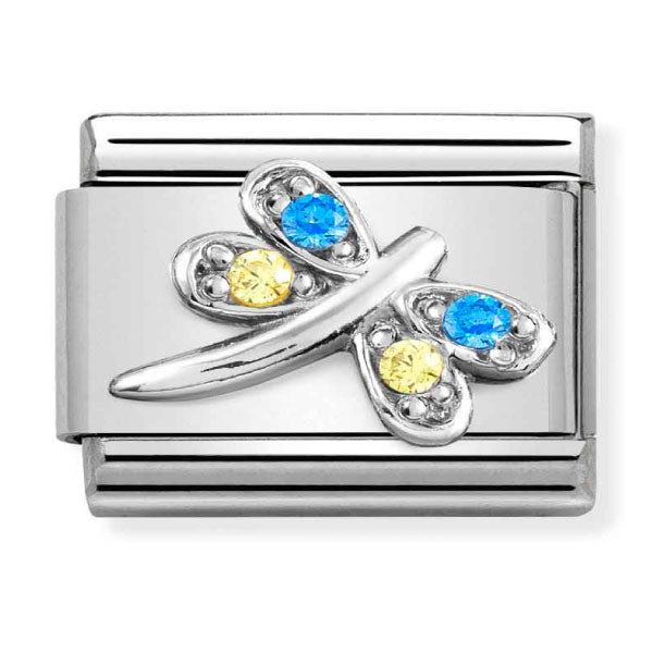 Composable CL SYMBOLS steel , Cubic zirconia and 925 sterling silver LIGHT BLUE and YELLOW dragonfl